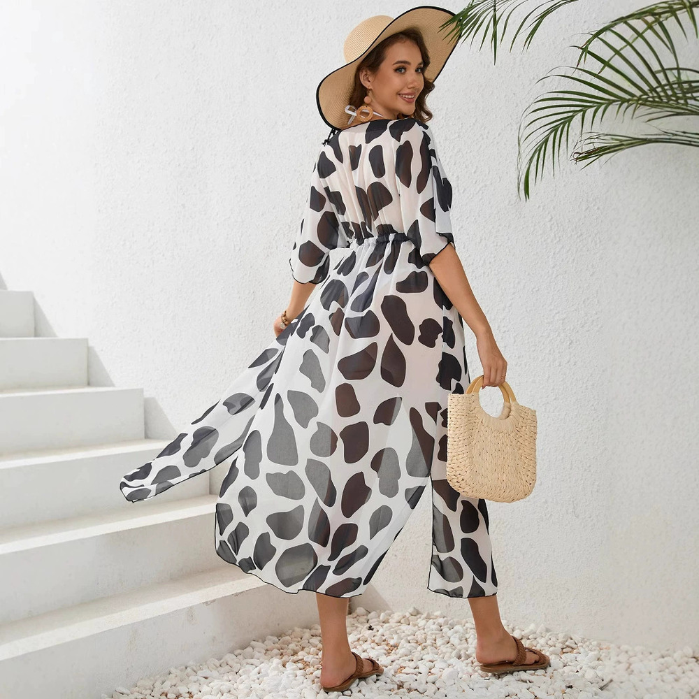 ZARA Leopard Print Long Loose Beach Cover Up Dress Tie Sun Protection